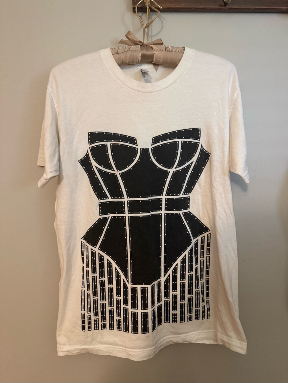 American Apparel White Short Sleeve Tee with Black Corset Graphic